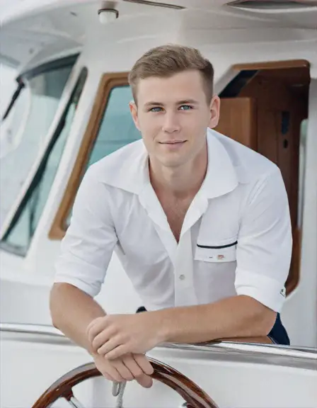 Crew member in a white shirt at the helm of a yacht