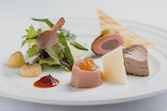 Gourmet starter plate with terrine, salad and sauces