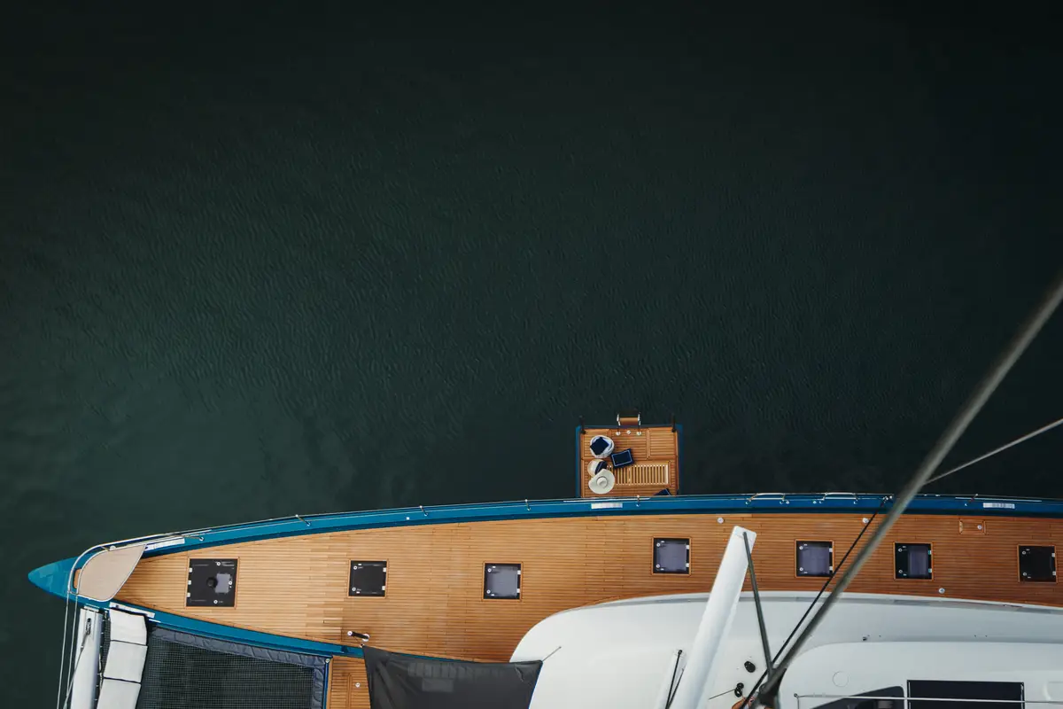 Top-down view of a catamaran's bow deck