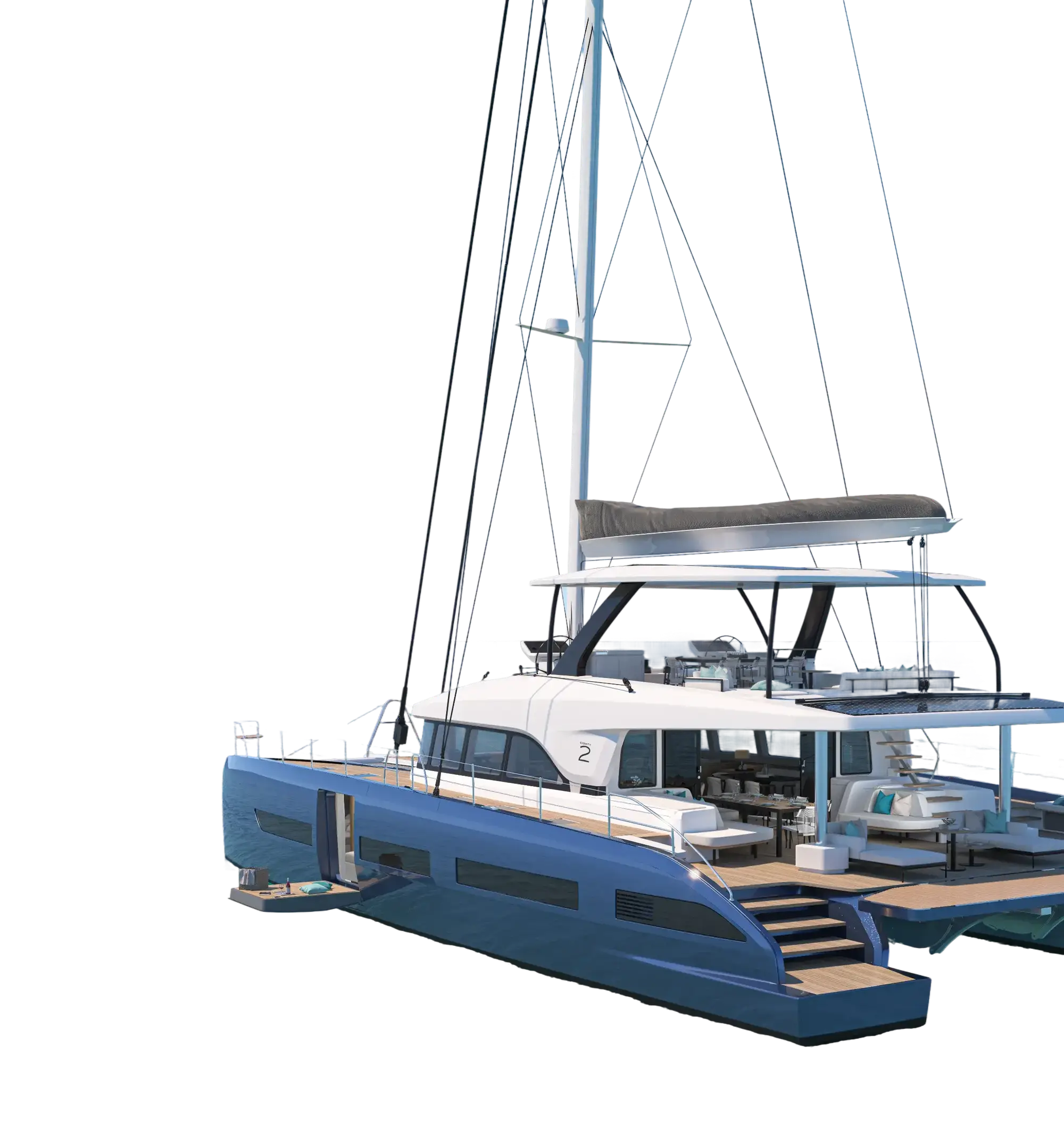 Luxury sailing catamaran with lowered sails